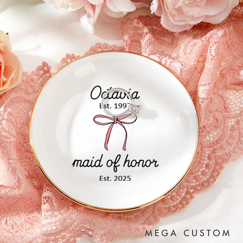 Personalized Maid of Honor Bow Year Established Ring Dish Bride Wedding Keepsake Bridesmaid Proposal