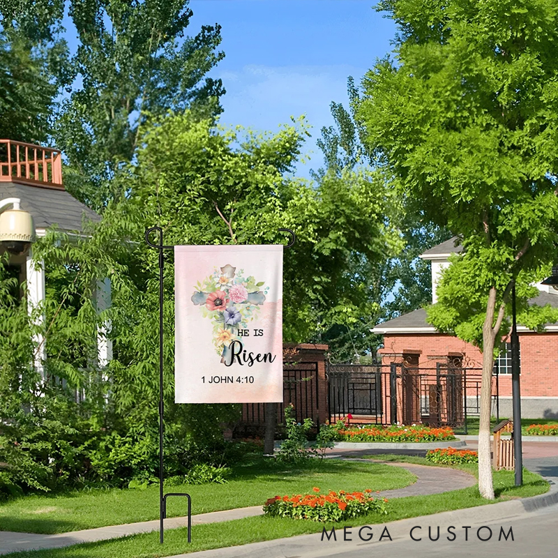 Personalized He is Risen Watercolor Cross 1-5 Birth Flowers Garden Flag with Text Yard Porch Decor Easter Holiday Religious Gift for Family Christian