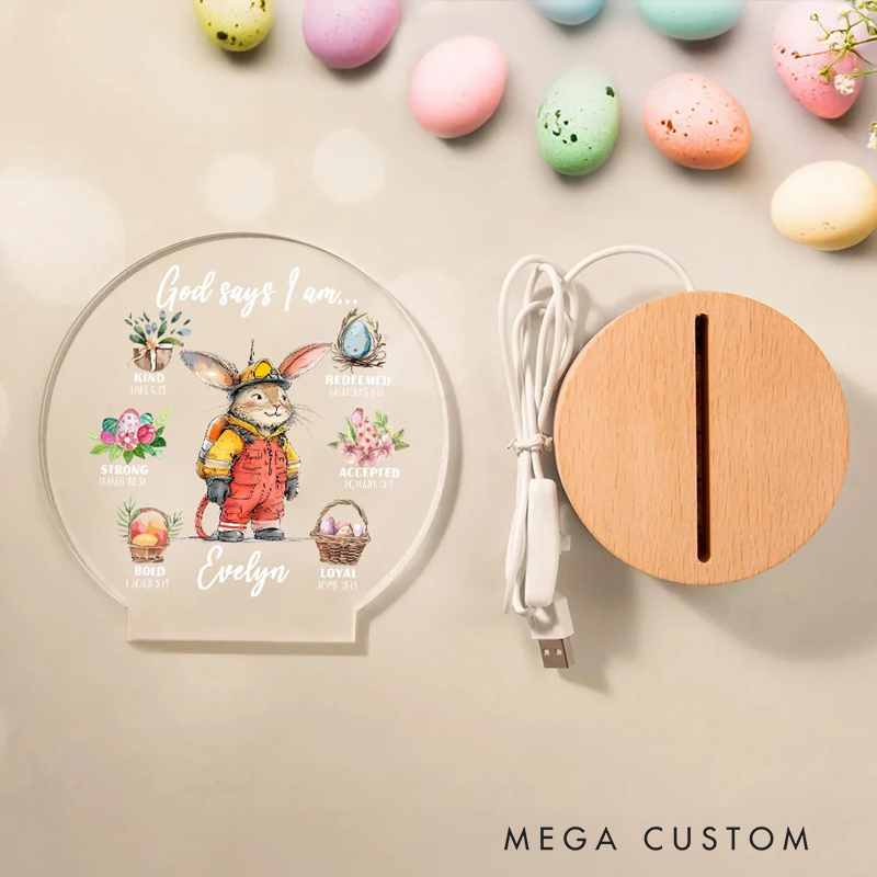 Personalized Bunny Career God Says I Am Name LED Night Light with Wooden Base Nursery Decor Birthday Easter Gift for Christian