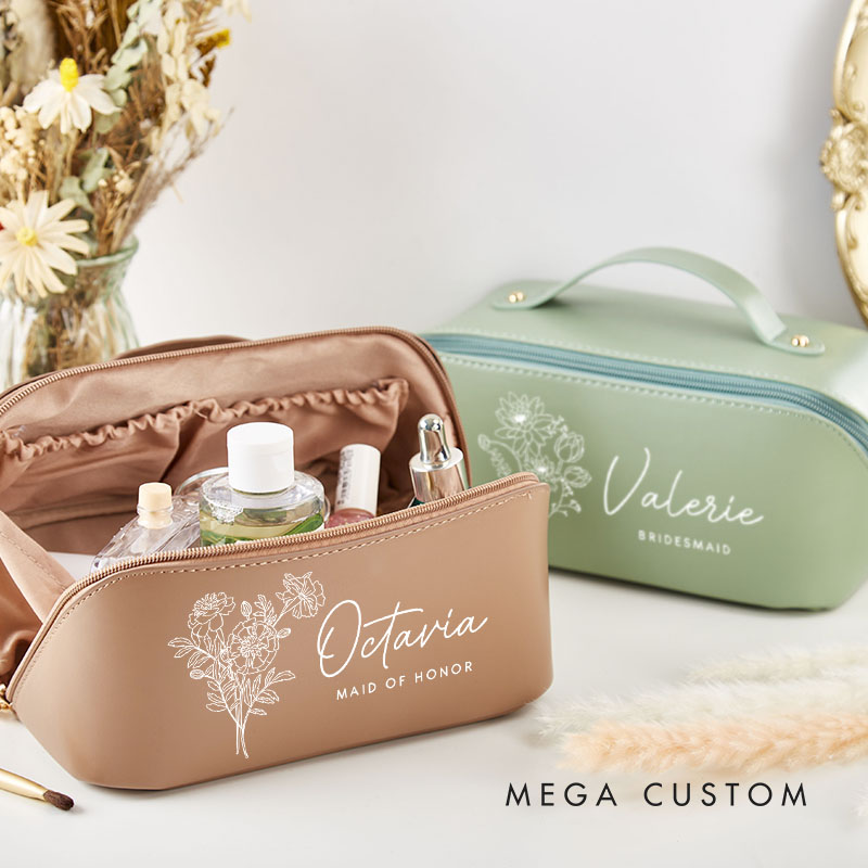 Personalized Bridesmaid Birth Flower Makeup Bag Bride Moth Wildflower Cosmetic Bag Wedding Flower Toiletry Pouch
