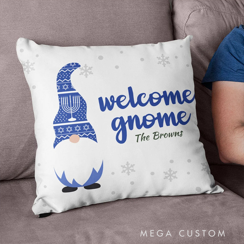 Personalized Cute Blue Gnome Throw Pillow with Name Home Decor Birthday Hanukkah Gift for Jewish Family Friend