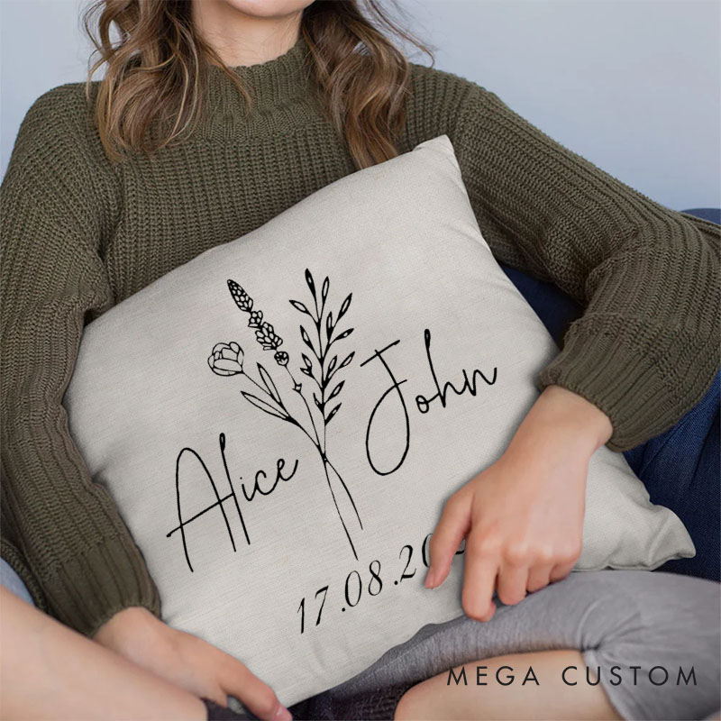 Personalized Elegant Floral Pillow for Wedding Couple