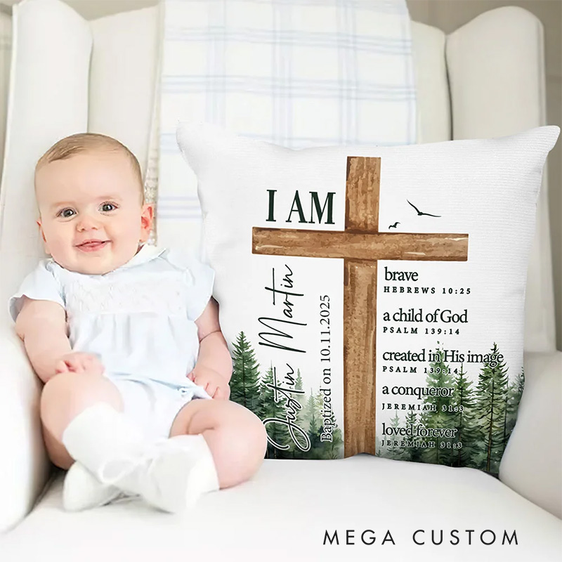 Personalized Forest Cross Bible Verse Throw Pillow with Name Home Decor Christening Gift Birthday Gift for Boys