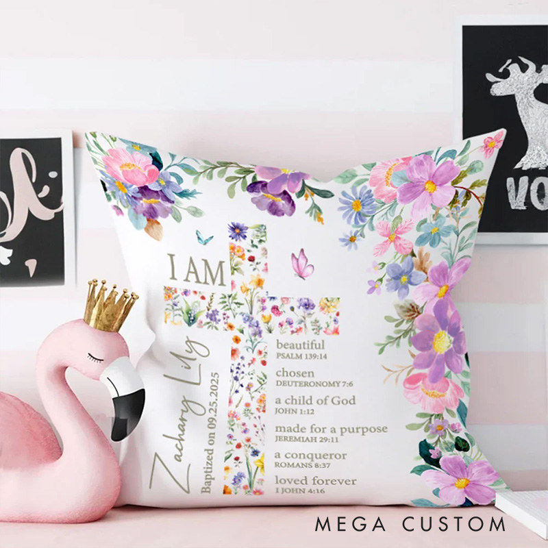 Personalized Floral Cross Bible Scripture Throw Pillow with Name The First Baptism Communion Confirmation Gift for Girls