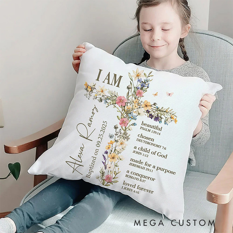Personalized Floral Cross Bless Bible Verse Soft Throw Pillow with Name and Text Baptism First Communion Gift for Girls