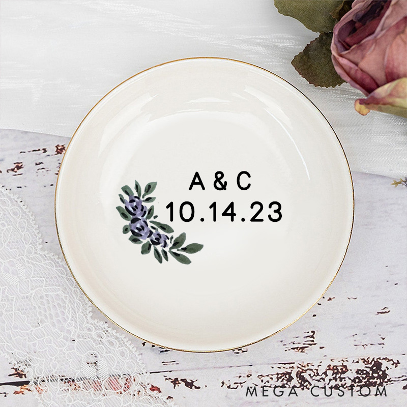 Personalized Elegant Watercolor Purple Floral with Initials Wedding Engagement Gold-Trimmed Ring Dishes