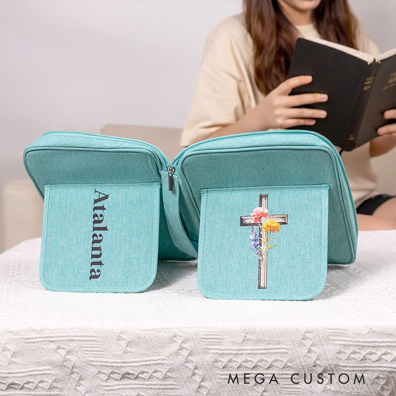 Personalized Birth Flower Cross Bible Cover Carrying Case with Name Pen Slot and Holder Birthday Christmas Gift for Christians