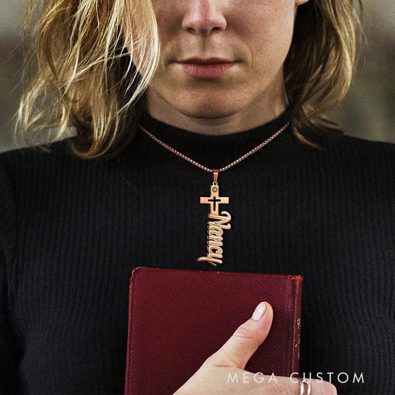 Personalized Dainty Name Cross Necklace Religious Jewelry Baptism Gift Christmas Gift for Christian Women