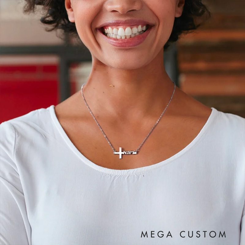 Personalized Amharic Cross Necklace with Name Christian Gift Baptism Gift Birthday Gift for Her