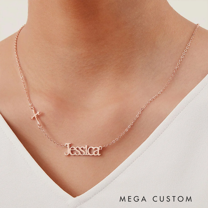Personalized Minimalist Sideway Cross Necklace with Name Religious Jewelry Christening Baptism Gift Birthday Gift for Her