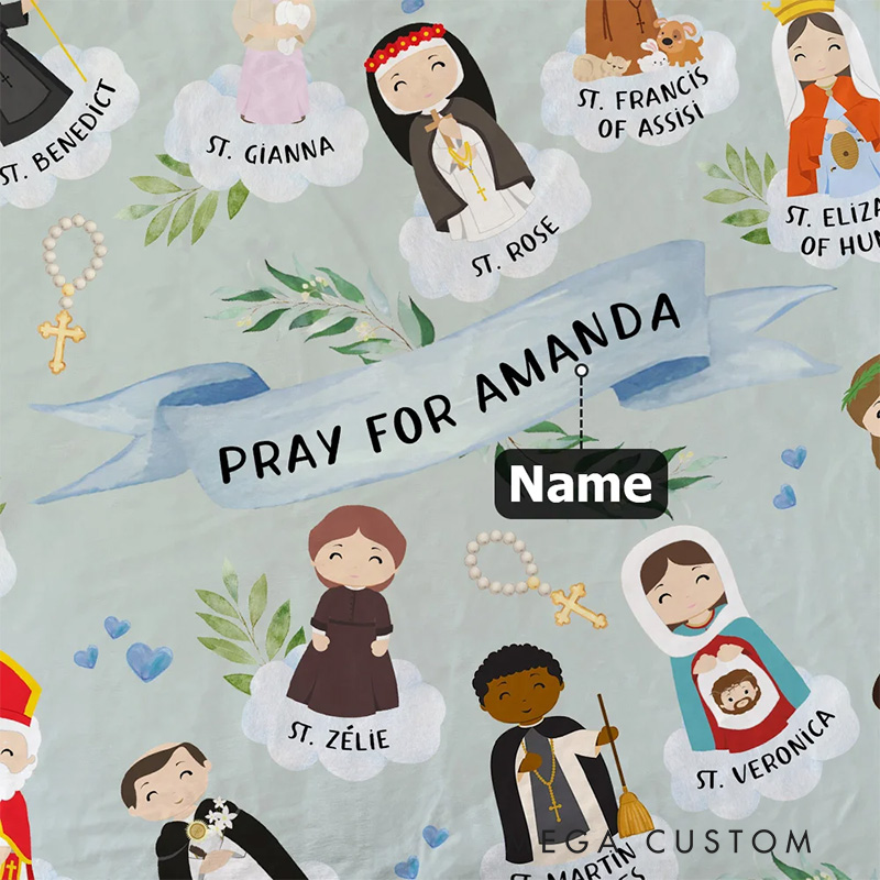 Personalized Holy Saints of Heaven Cartoon Soft Blanket with Name Religion Home Decor Prayer Gift for Kids Catholics