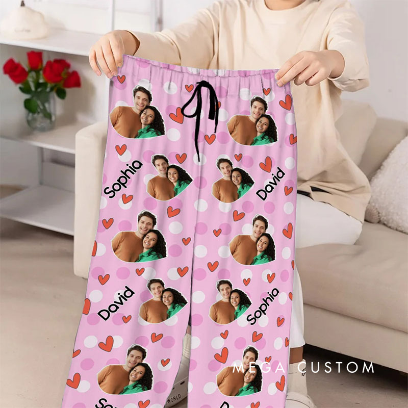 Personalized Valentine's Day Couple Faces Matching Pajama Pants Photo Pjs Bottoms for Women Men Anniversary Gift for Boyfriend Girlfriend