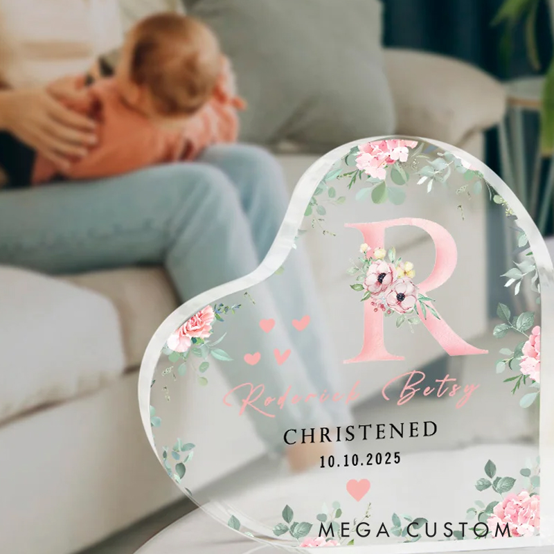 Personalized Floral Initial Heart-Shaped Acrylic Plaque with Name and Text Baptism Birthday Gift for Christian