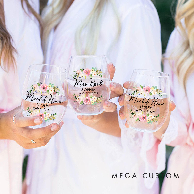 Personalized Maid of Honor Floral Wine Glasses Bride Wedding Wine Glasses Tumbler Bachelorette Party Gift