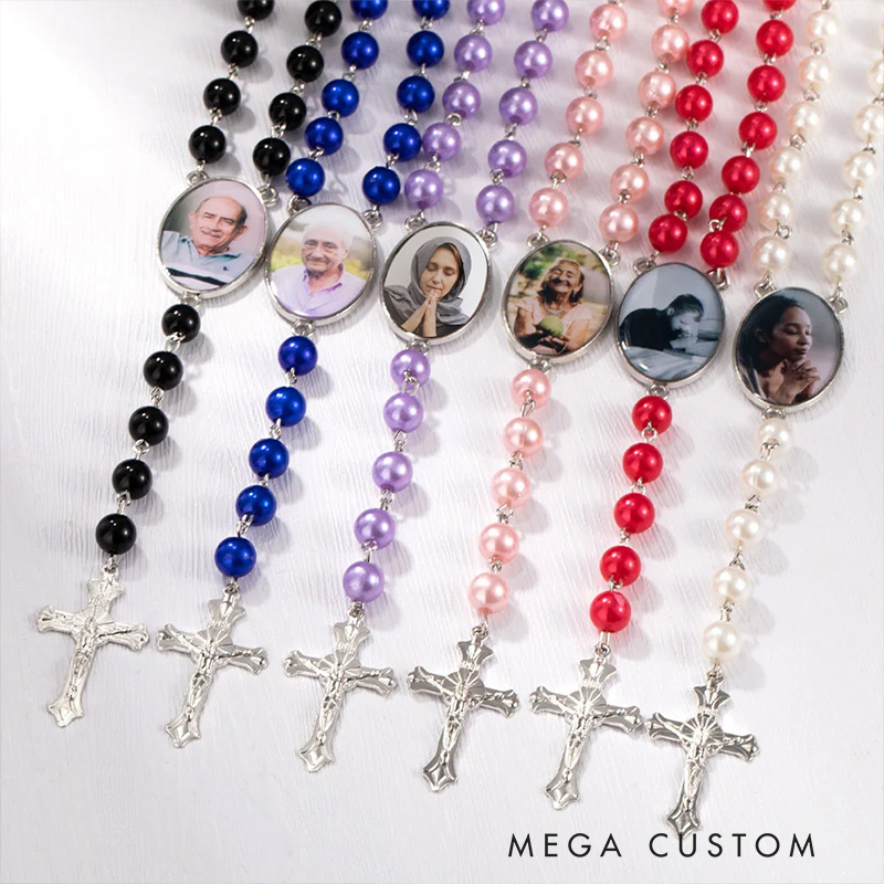 Personalized Multi-Color Rosary Beads Necklace with Photo Cross Pendant Memorial Gift for Women Catholic Rosary Necklace Loss Gifts