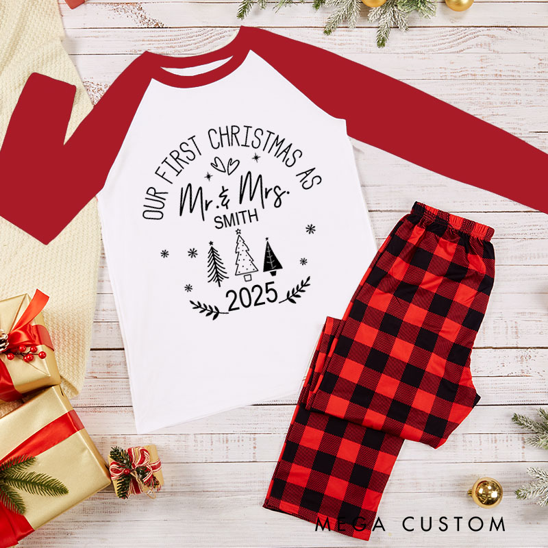 Personalized Couple Our First Christmas as Mr. and Mrs. with Christmas Tree Matching Pajamas Christmas Pjs for Husband Wife Boyfriend Girlfriend