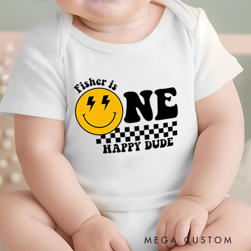 Personalized One Happy Dude Birthday Smiley Face Baby Onesie Birthday Gift for Baby