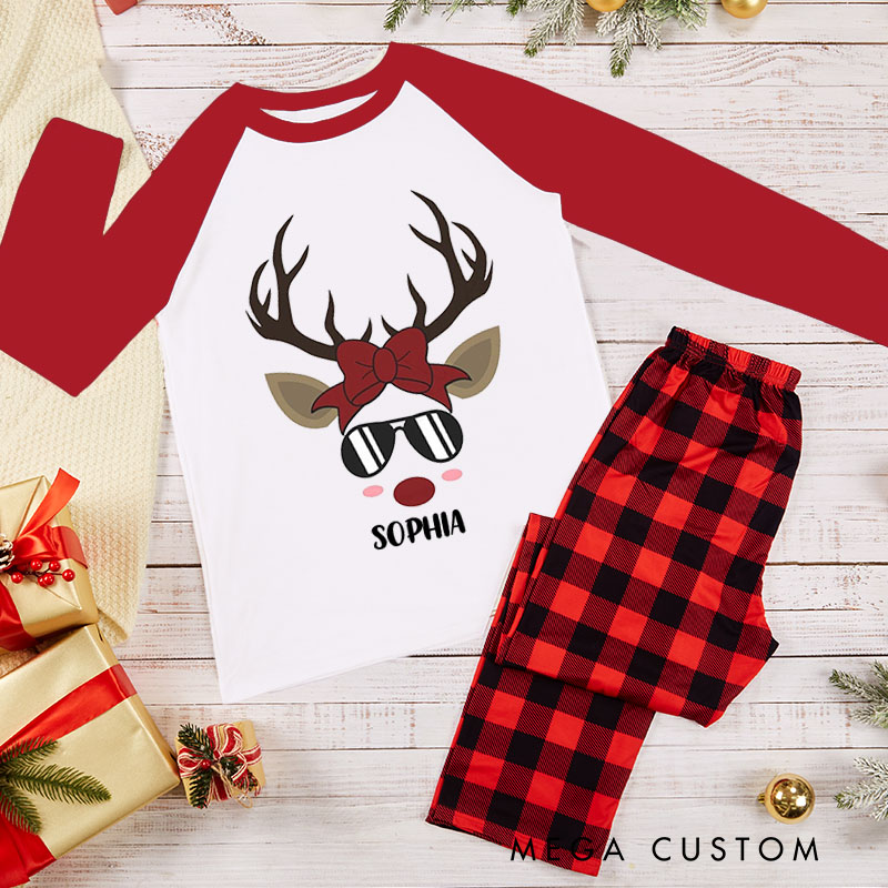 Personalized Couple Reindeer with Sunglasses Xmas Matching Pajamas Christmas Matching Pjs for Husband Wife Boyfriend Girlfriend