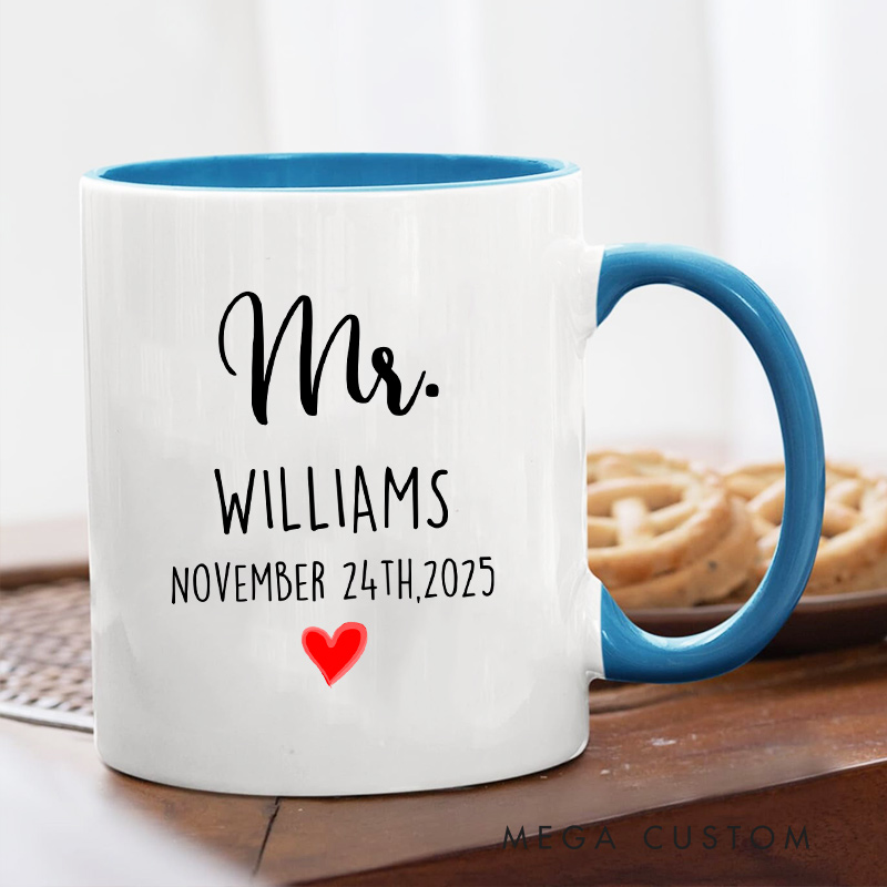 Personalized Mr & Mrs Wedding Date Mug with Heart Accent Couple Coffee Cup for Her Him Ceramic Cup for Couple Newlyweds