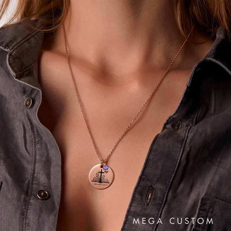 Personalized Bible Verse Cross Birth Flower Necklace with Birthstone and Text Religious Jewelry Birthday Gift for Women and Girls