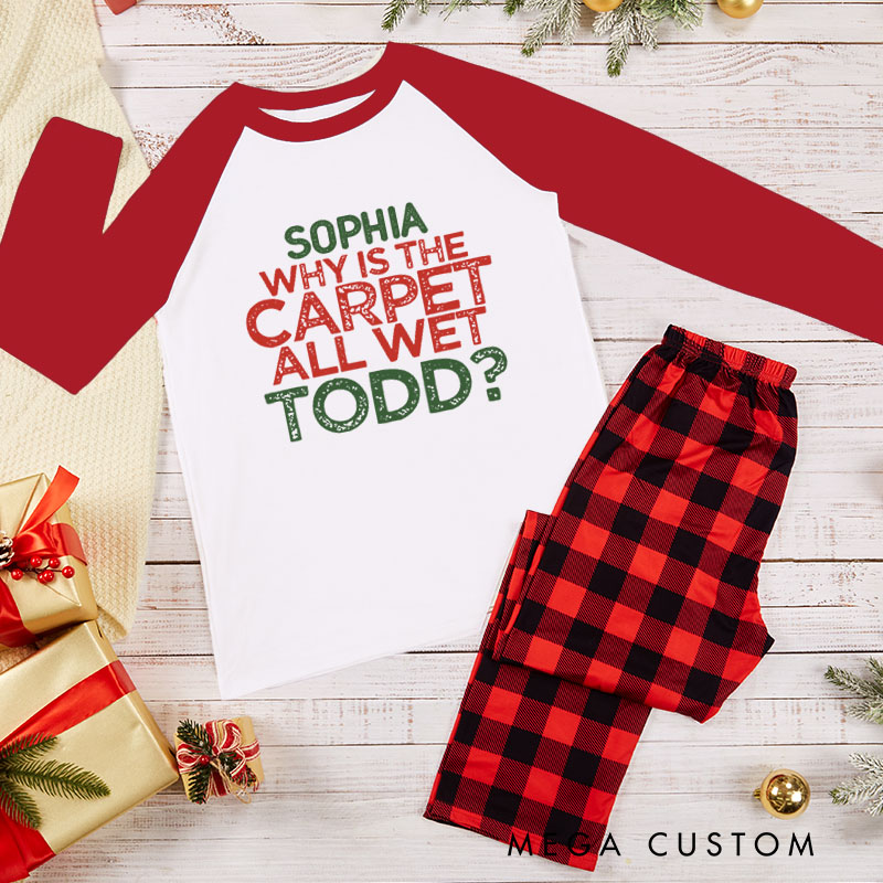 Personalized Couple Vintage I Don’t Know and Why Is the Carpet All Wet Xmas Pajamas Christmas Pjs for Husband Wife Boyfriend Girlfriend