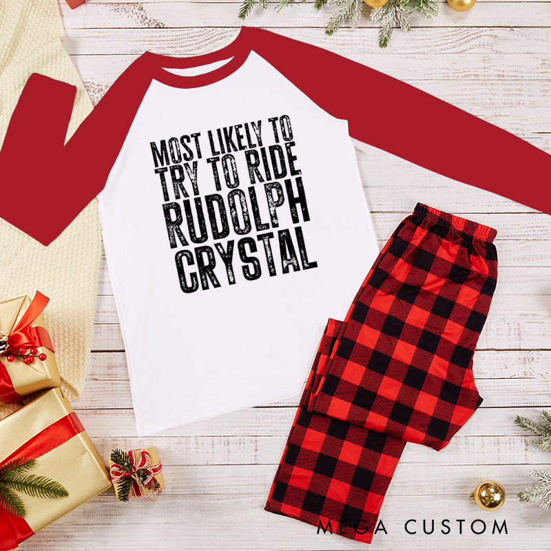 Personalized Couple Retro Rudolph and Most Likely to Try to Ride Rudolph Xmas Pajamas Christmas Matching Pjs for Husband Wife Boyfriend Girlfriend