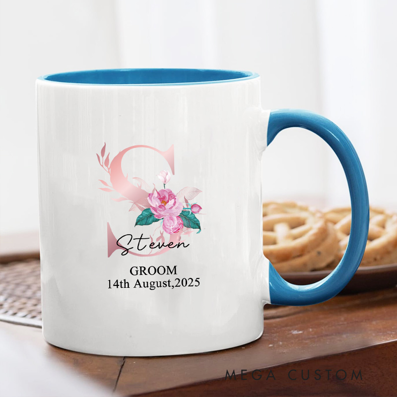 Personalized Floral Initial Wedding Mug Groom Bride Ceramic Coffee Cup for Husband Wife Wedding Couple Mug for Newlyweds