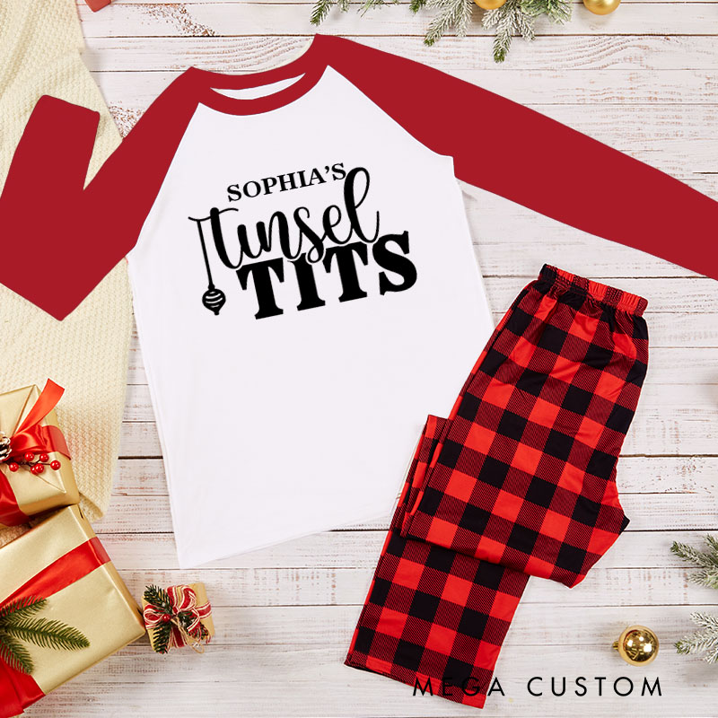 Personalized Minimalist Couple Jingle Balls and Tinsel Tits Xmas Pajamas with Name Christmas Matching Pjs for Husband Wife Boyfriend Girlfriend