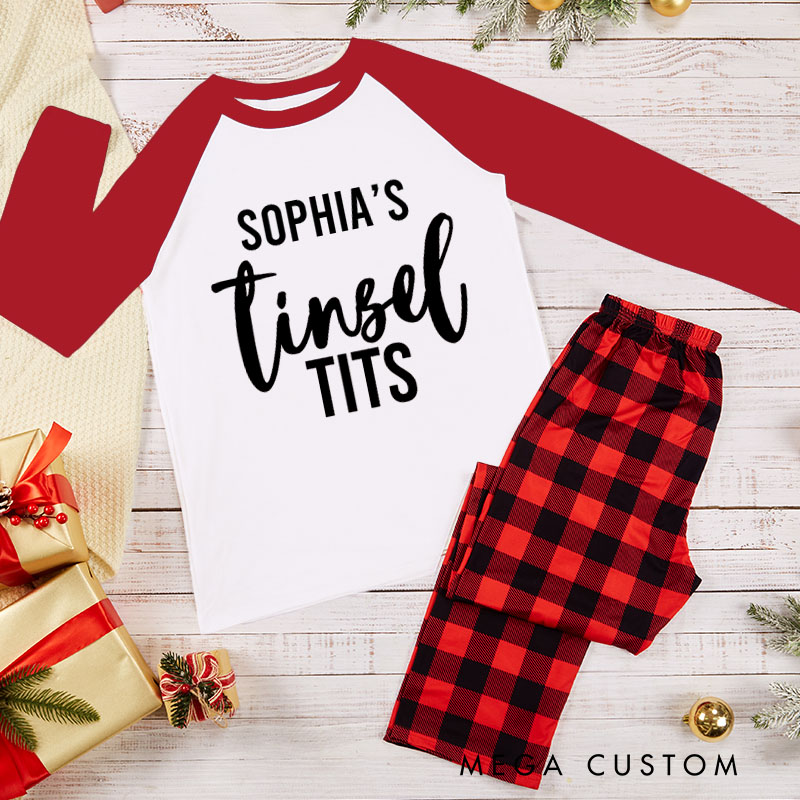 Personalized Minimalist Couple Jingle Balls and Tinsel Tits Xmas Pajamas Christmas Matching Pjs for Husband Wife Boyfriend Girlfriend