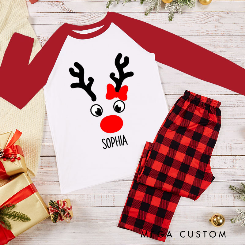 Personalized Couple Christmas Reindeer Xmas Pajamas with Name Christmas Matching Pjs for Husband Wife Boyfriend Girlfriend