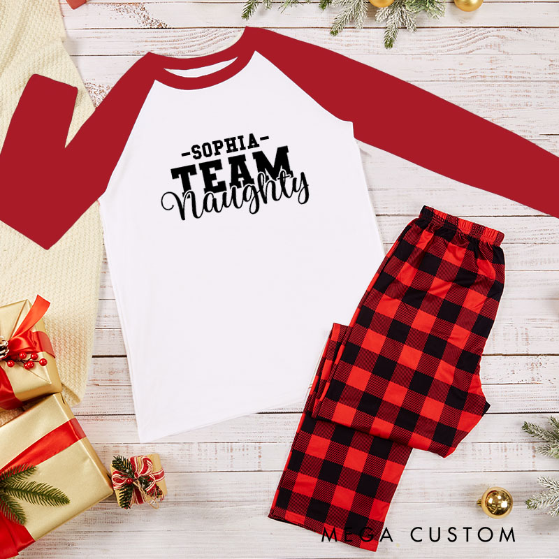 Personalized Couple Team Nice and Team Naughty Xmas Pajamas with Name Christmas Matching Pjs for Husband Wife Boyfriend Girlfriend