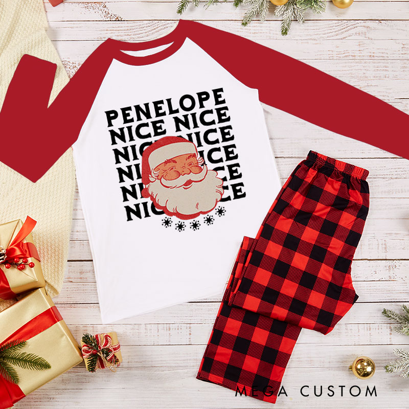 Personalized Couple Retro Naughty and Nice with Santa Xmas Pajamas Christmas Matching Pjs for Husband Wife Boyfriend Girlfriend