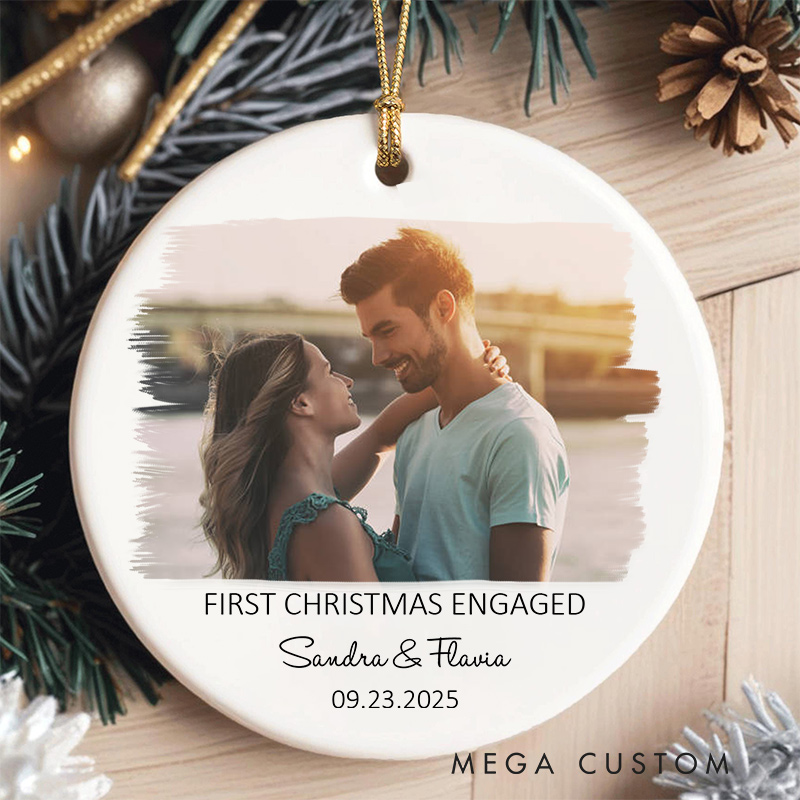 Personalized First Christmas Engaged Photo Ornament Couple Photo Ornament Couple Engagement Keepsake Gift Ornament with Name and Date