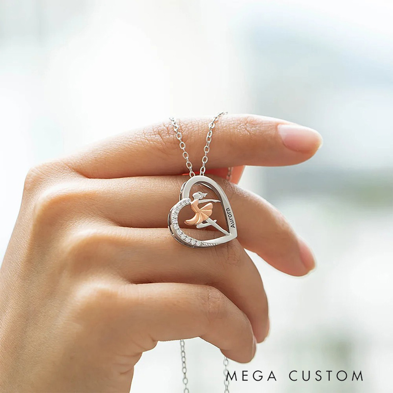 Personalized Ballet Dancing Girl Necklace with Zircon and Engraved Name Heart Pendant Jewelry Gift for Ballerina Dance Lover for Women Girls