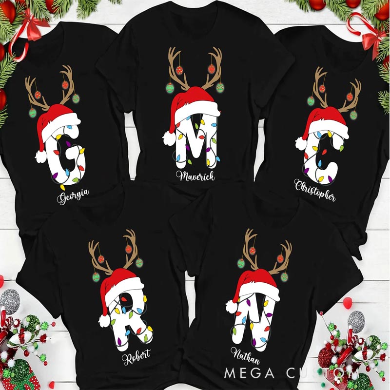 Personalized Family Monogrammed Christmas Light Custom Name Family Matching T-Shirt