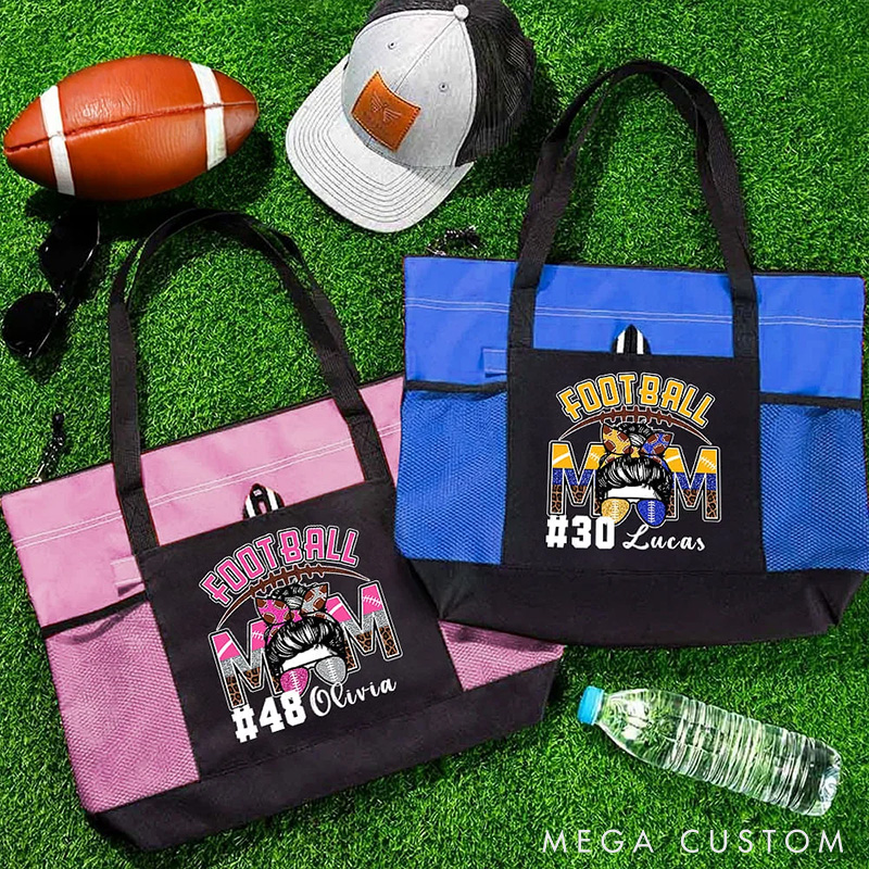 Personalized Football Mom Tote Bag with Custom Name and Number  