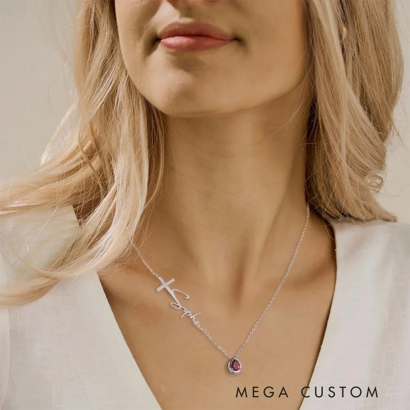 Personalized Dainty Cross Name Necklace with Drop-Shaped Birthstone Birthday Christian Baptism Gift for Her