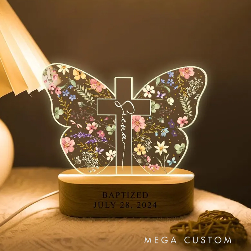 Personalized Butterfly Custom LED Night Light with Wooden Base Home Decor Baptism Gift for Christian