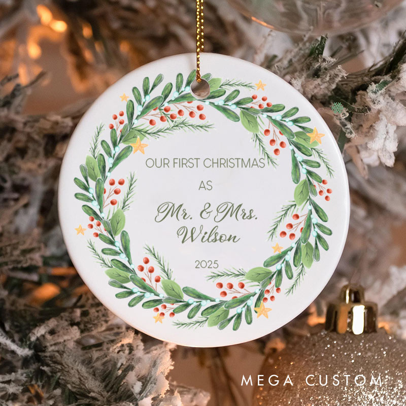 Personalized First Christmas as Mr and Mrs Ornament with Festive Wreath Couple Christmas Ornament for Husband Wife