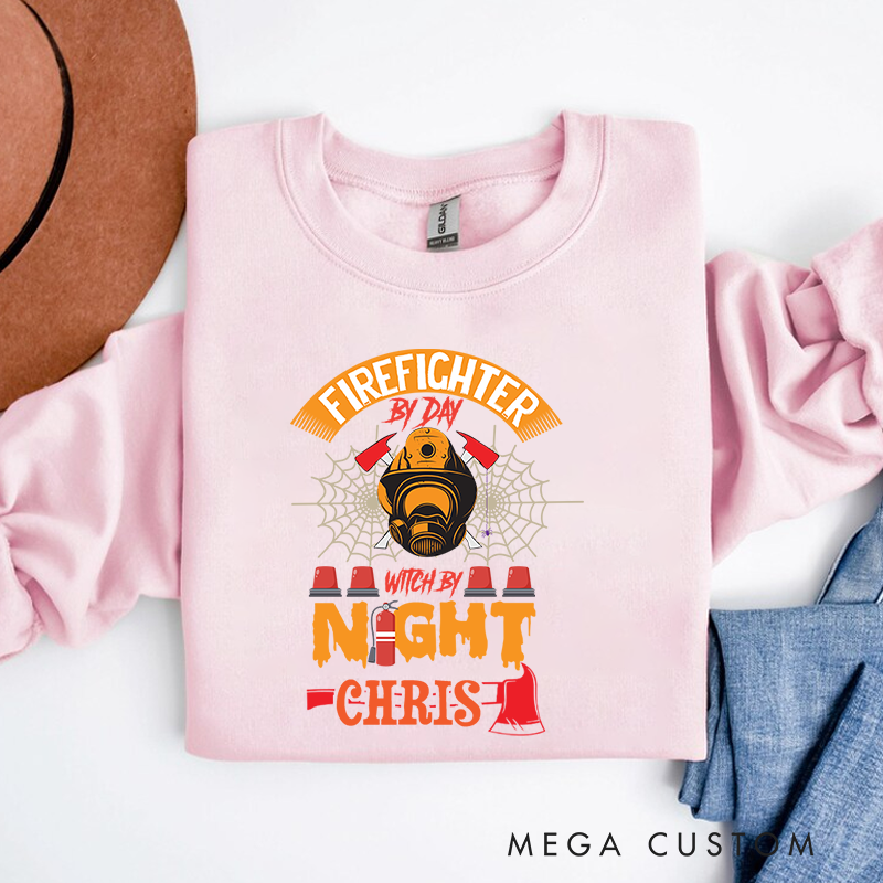 Personalized Halloween Sweatshirt Firefighter by Day Witch by Night Theme Gift for Firefighter