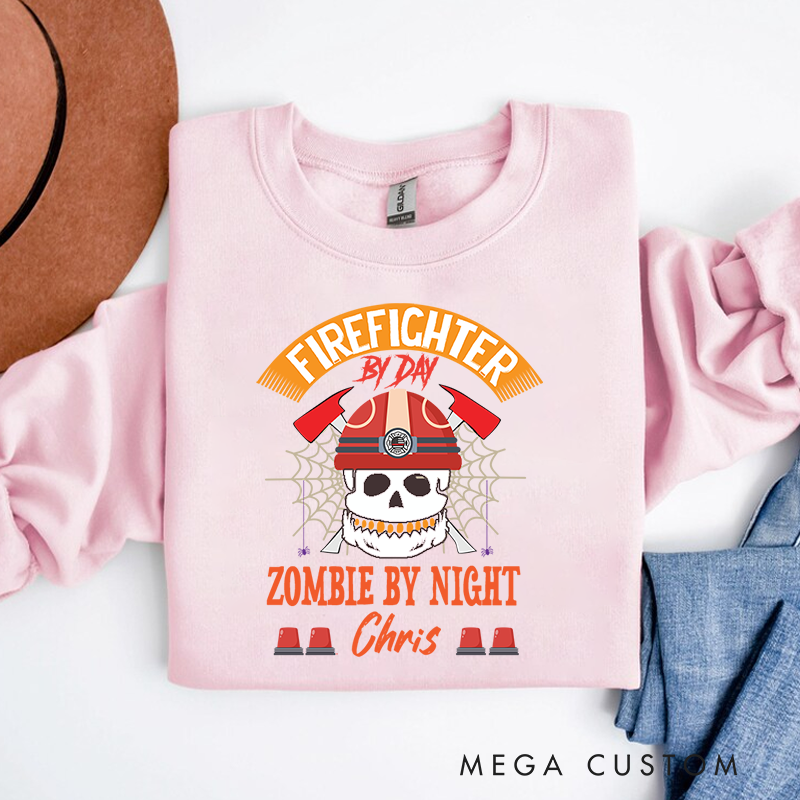 Personalized Halloween Sweatshirt Firefighter by Day Zombie by Night Skull Theme Gift for Firefighter
