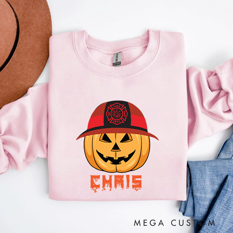Personalized Fireman Halloween Sweatshirt Pumpkin with Firefighter Helmet Theme Gift
