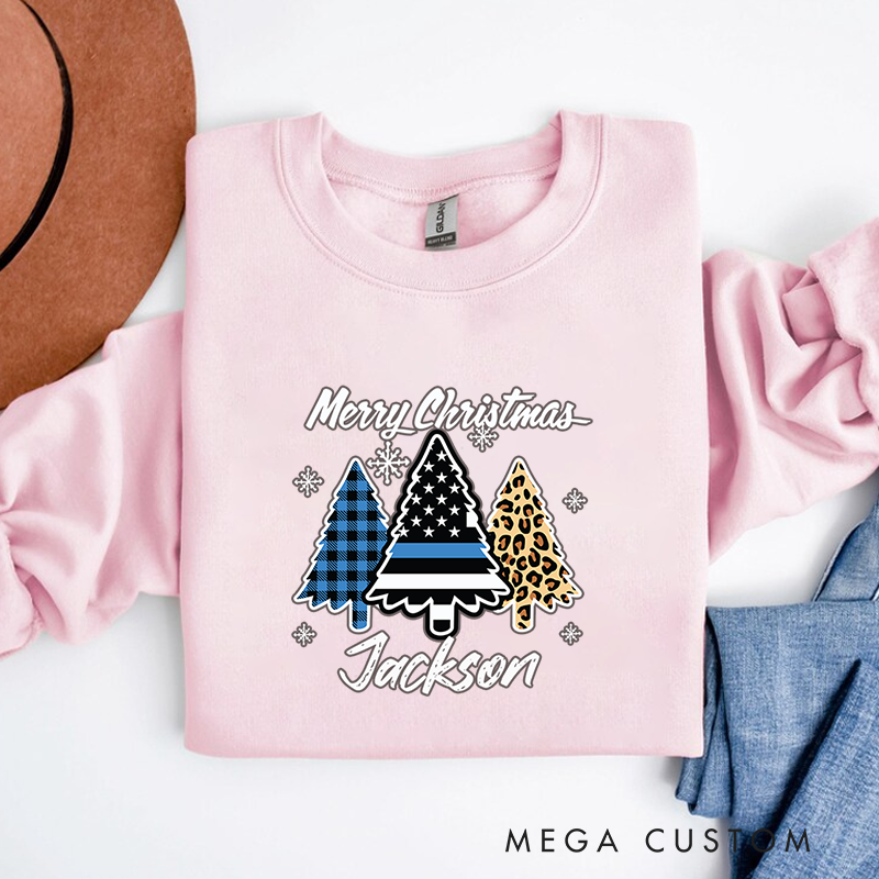 Personalized Thin Blue Line Christmas Sweatshirt Merry Christmas Gift for Police Officer