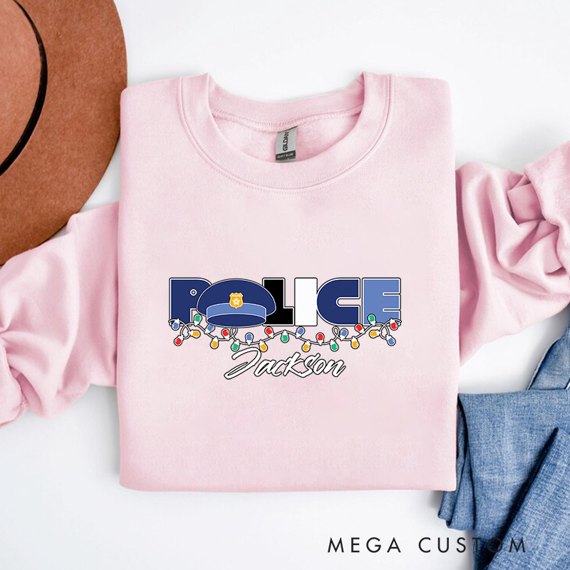 Personalized Police Christmas Sweatshirt with Festive String Lights Gift for Police Officer