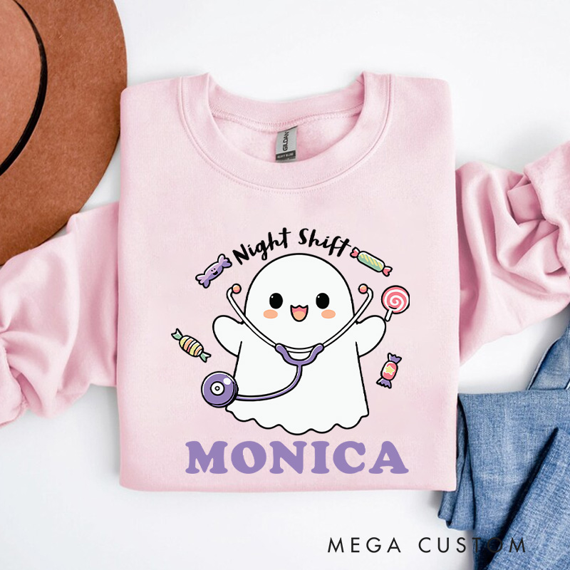 Personalized Nurse Halloween Sweatshirt Customized Night Shift Ghost Design Sweatshirt Nurse Halloween Gifts