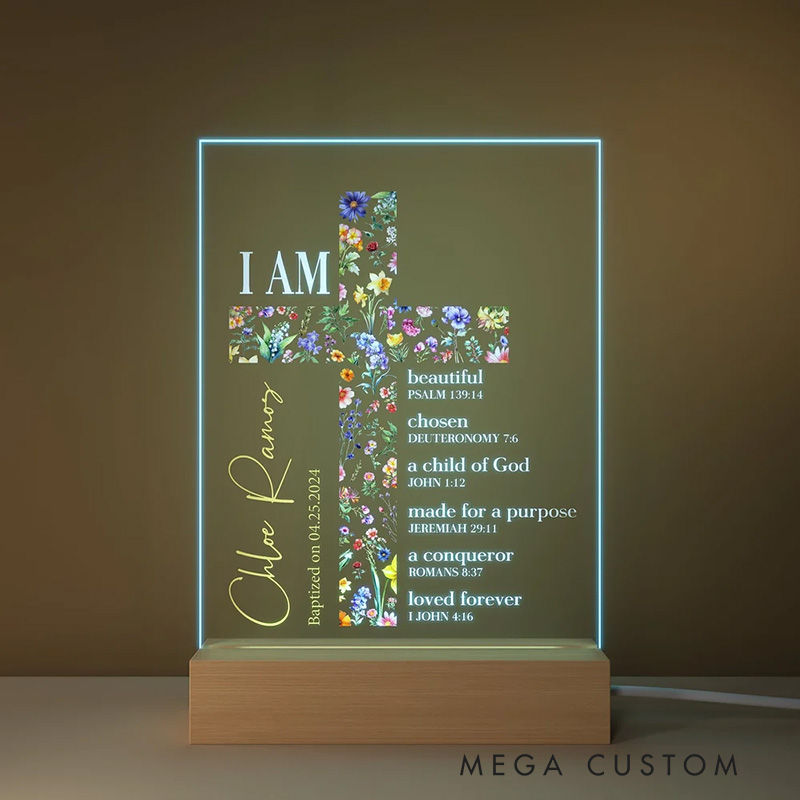 Personalized Floral Cross Bible Verse Name LED Night Light with Wood Base Religious Gift Baptism Gift for Girls