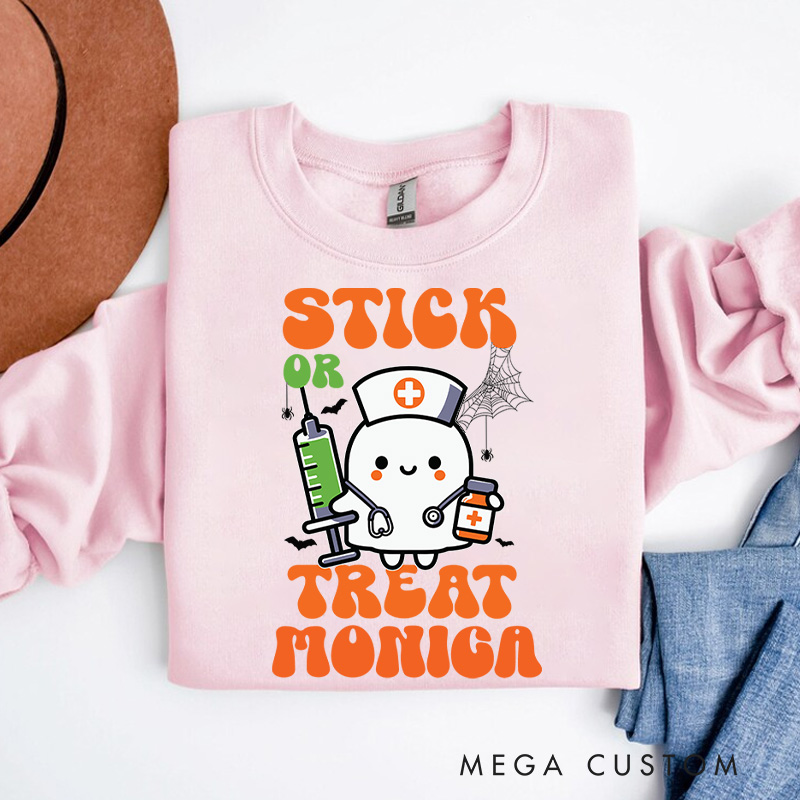 Personalized Nurse Halloween Sweatshirt Customized Stick or Treat Design Sweatshirt Nurse Halloween Gifts