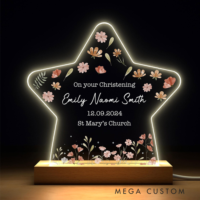 Personalized Delicate Floral LED Night Light with Name and Date Christening Baptism Gift Religious Gift for Girls
