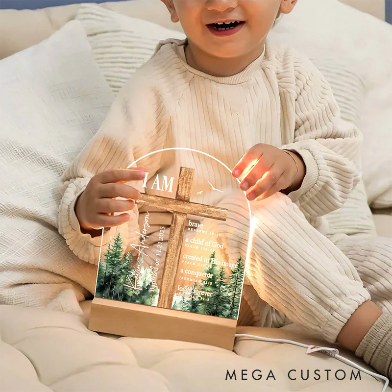 Personalized Bible Verse Cross LED Night Light with Wood Base Baptism Gift with Name Religious Gift for Boys