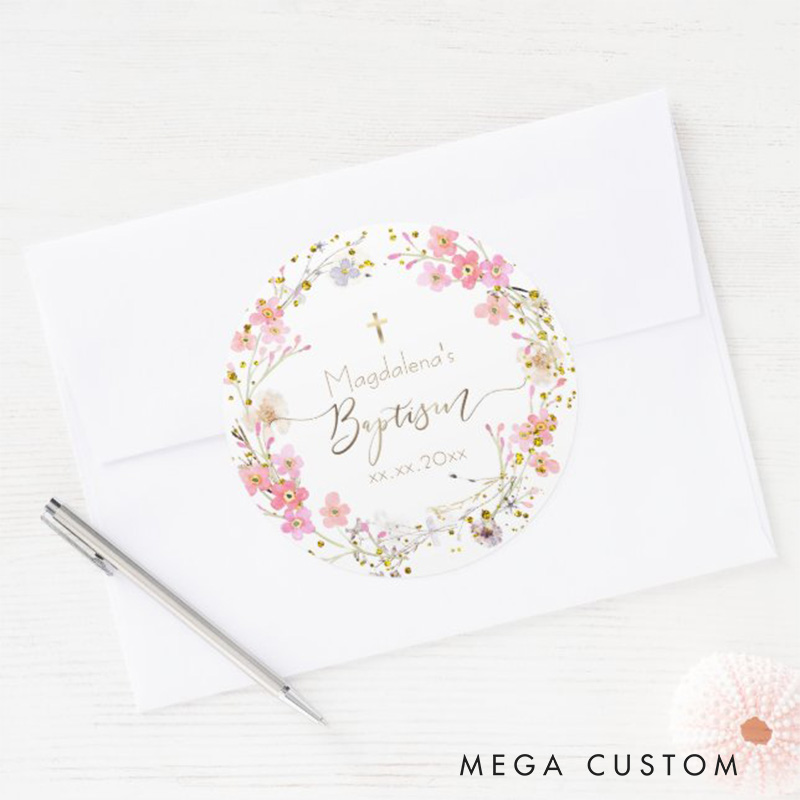 Personalized Flowers Wreath Cross Classic Round Sticker with Name and Date Religious Gift Baptism Gift for Girls
